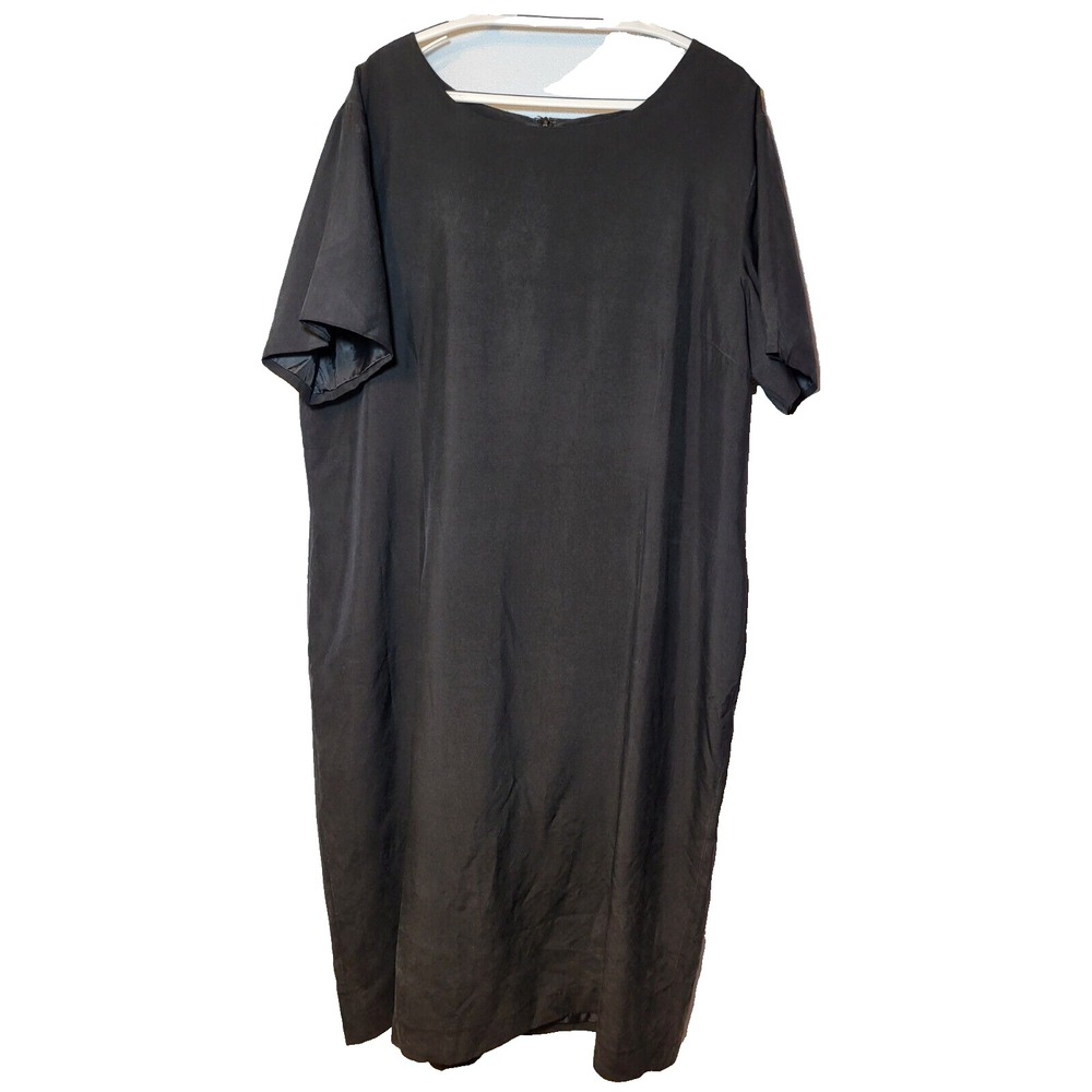 VTG Victoria Holley Black Silk Short Sleeve Round Neck Lined Slit Maxi Dress 26W